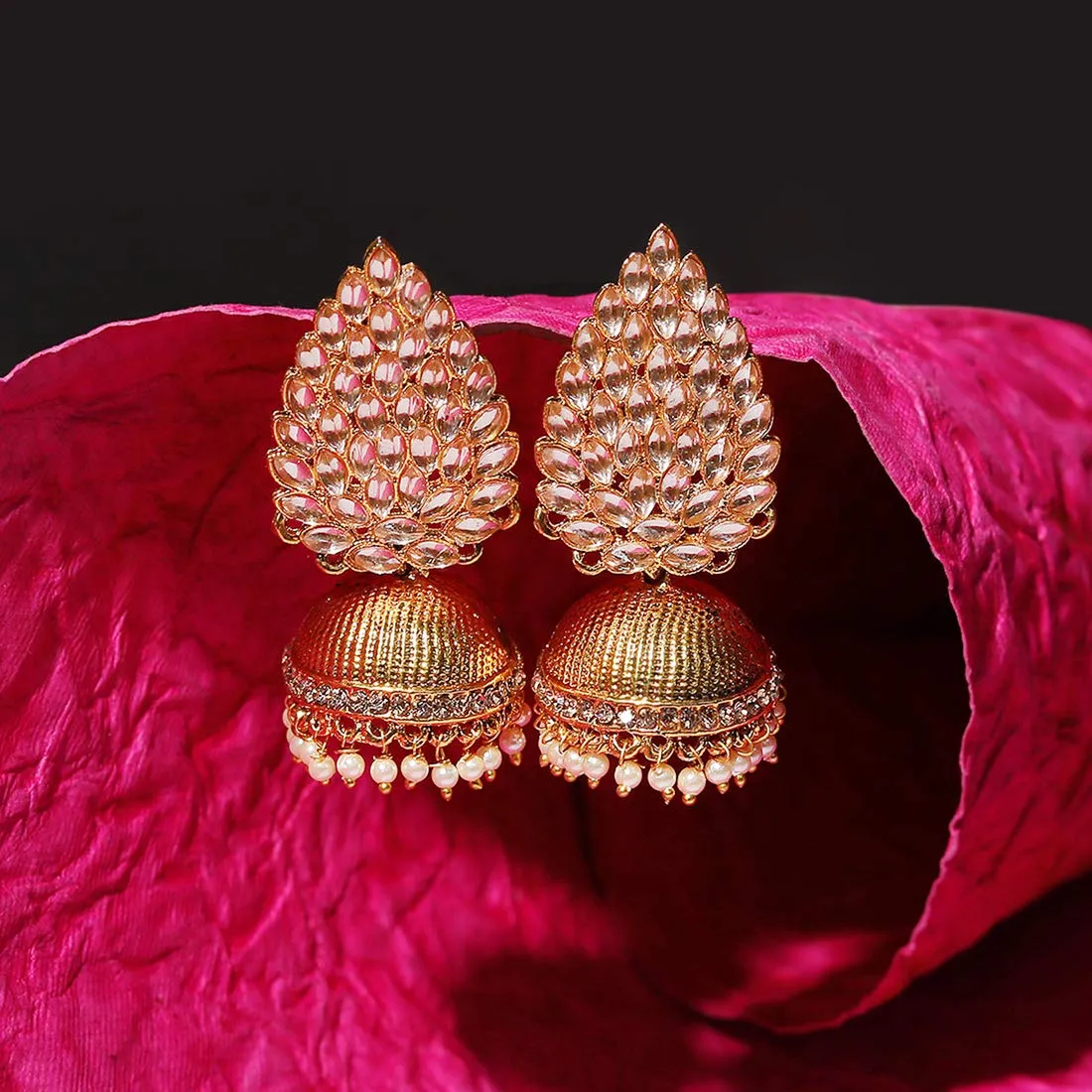 Yellow Chimes Kundan Studded Leafy Gold Plated Traditional Jhumka/Jhumki Earrings for Women and Girls