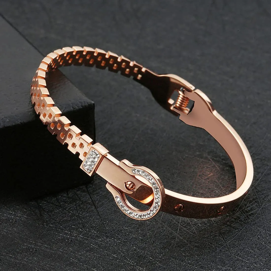 Yellow Chimes Latest Fashion Elegant Stainless Steel Rose Gold Plated Crystal Statement Style Kada Bracelet for Women and Girls, M (YCFJBR-323KDABG-RG)