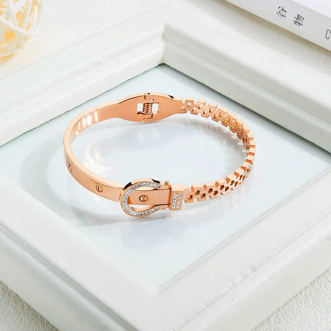 Yellow Chimes Latest Fashion Elegant Stainless Steel Rose Gold Plated Crystal Statement Style Kada Bracelet for Women and Girls, M (YCFJBR-323KDABG-RG)