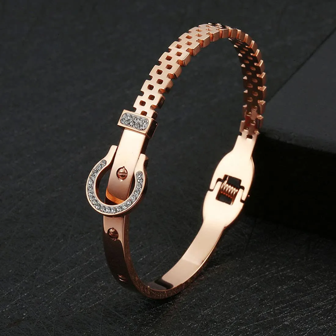 Yellow Chimes Latest Fashion Elegant Stainless Steel Rose Gold Plated Crystal Statement Style Kada Bracelet for Women and Girls, M (YCFJBR-323KDABG-RG)