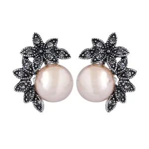 Yellow Chimes Latest Fashion Silver Plated Floral Crystal Pearl Design Stud Earrings for Women and Girls, White, Medium (YCFJER-PRLFLWR-BK)