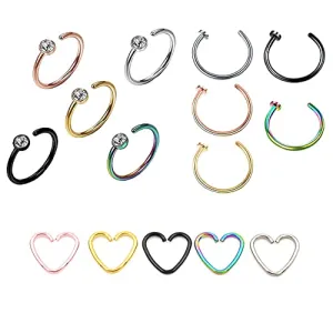 Yellow Chimes Latest Fashion Stainless steel 15 Pcs Combo Multicolor Non Piercing Nose Pins for Women and Girls, Medium (YCFJNP-460STNP-C-MC)