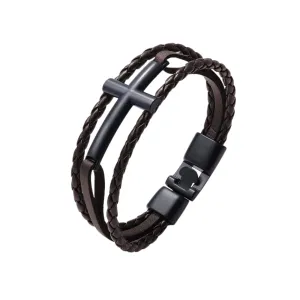 Yellow Chimes Leather Bracelet for Men Genuine Brown Leather Cross Magnetic-Clasp Wrist Band Bracelet for Men and Boys.