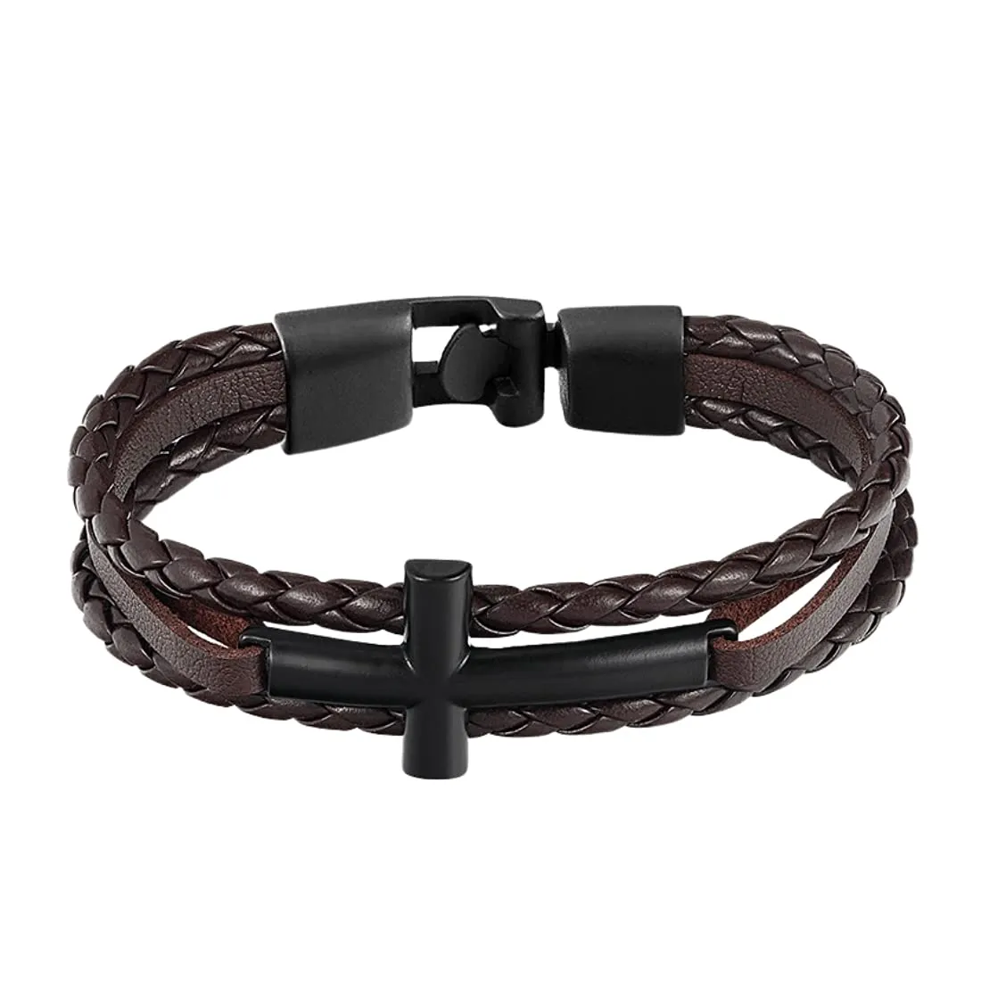 Yellow Chimes Leather Bracelet for Men Genuine Brown Leather Cross Magnetic-Clasp Wrist Band Bracelet for Men and Boys.