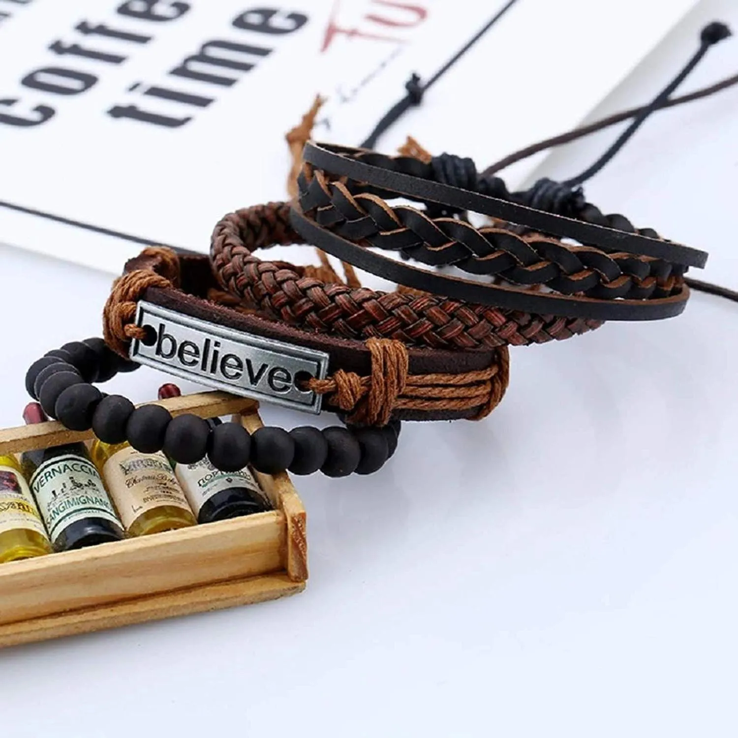 Yellow Chimes Leather Bracelets for Men Multi PCs Combo Belive Leather Wraps Casual Ware Latest Leather Bracelets for Men and Women