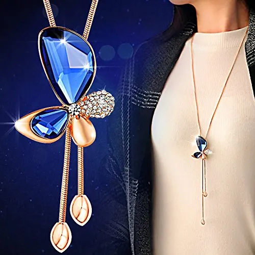 Yellow Chimes Long Chain Pendant Necklace for Women Blue Crystal Butterfly 18K Rose Gold Long Chain Necklace for Women and Girls.