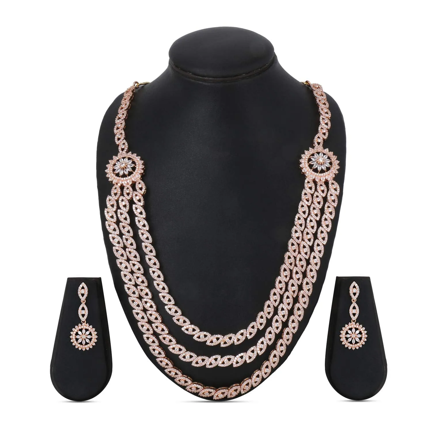 Yellow Chimes Luxurious Looks AD/American Diamond Studded 18K Rose Gold Plated Rani Haar MultiLayer Necklace Set Jewellery Set for Women & Girls