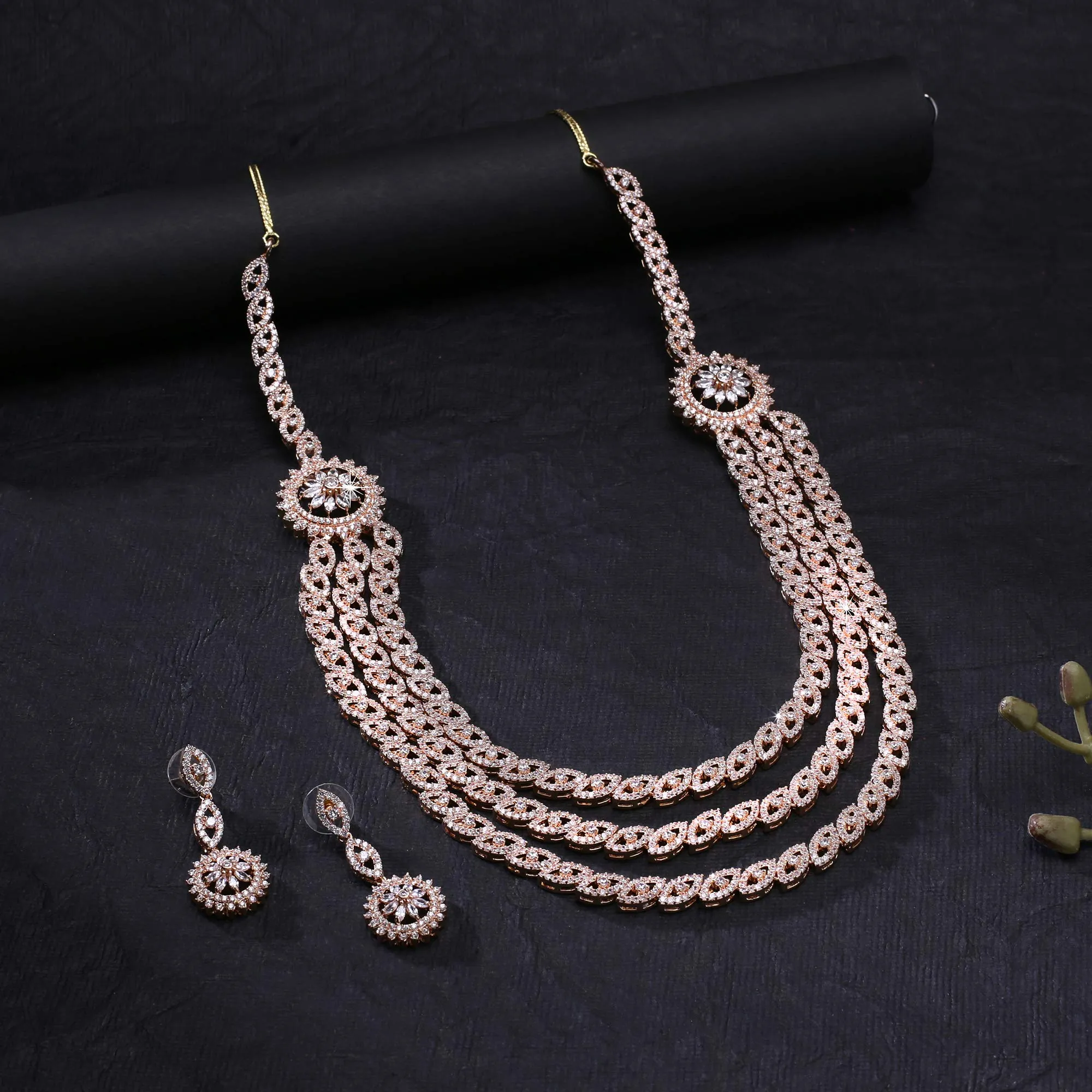 Yellow Chimes Luxurious Looks AD/American Diamond Studded 18K Rose Gold Plated Rani Haar MultiLayer Necklace Set Jewellery Set for Women & Girls