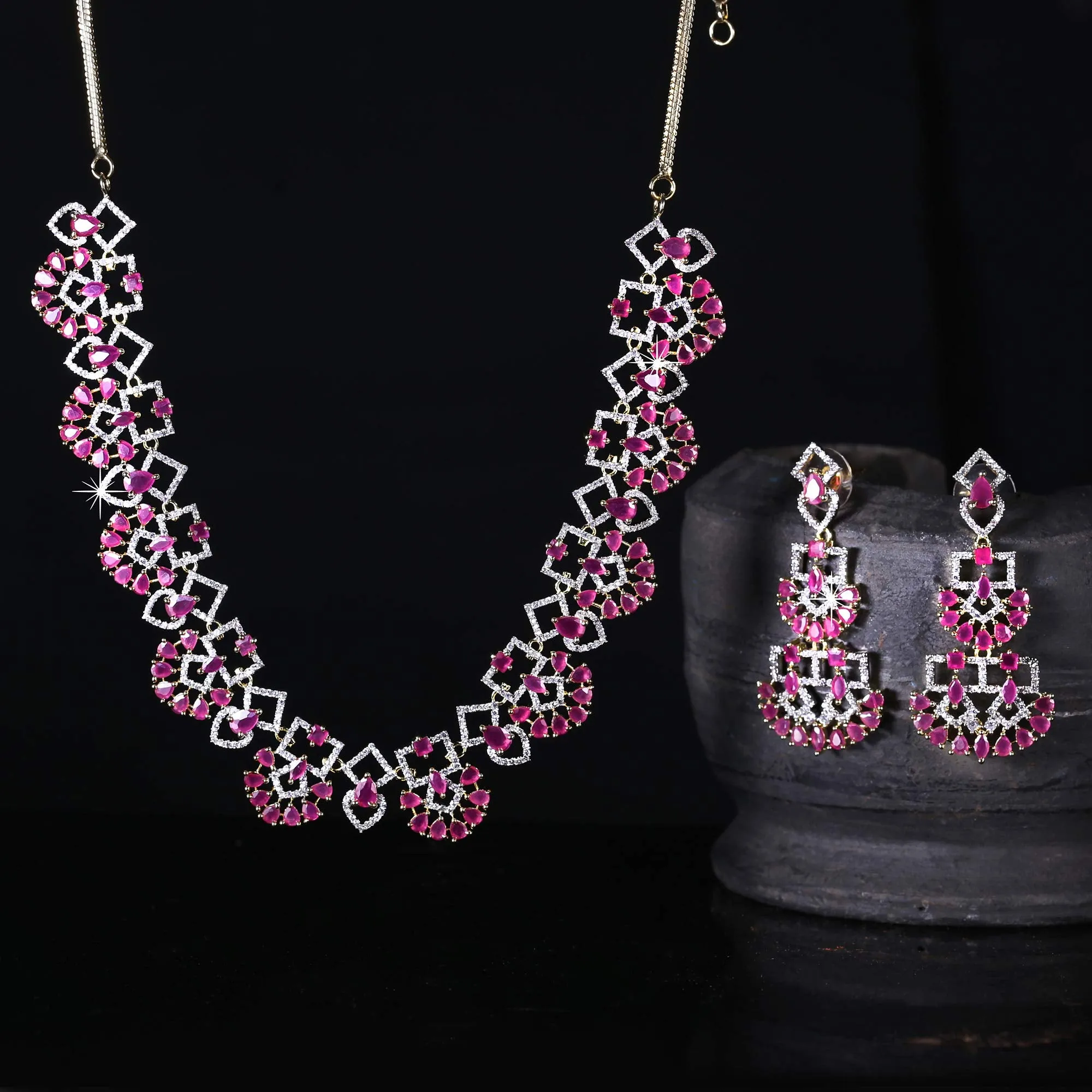 Yellow Chimes Luxurious Looks Pink AD/American Diamond Studded 18k Gold Plated Designer Necklace Set Jewellery Set for Women & Girls