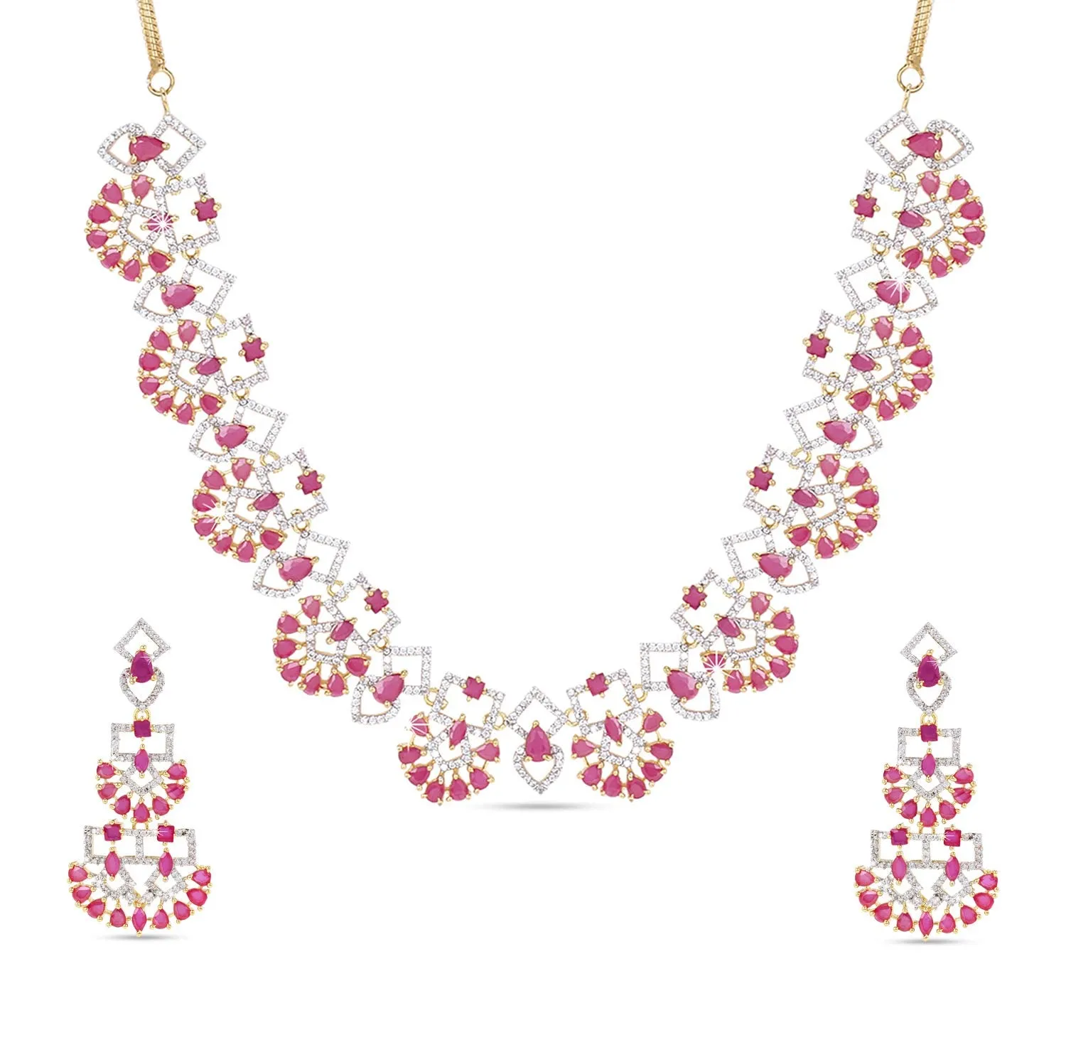 Yellow Chimes Luxurious Looks Pink AD/American Diamond Studded 18k Gold Plated Designer Necklace Set Jewellery Set for Women & Girls