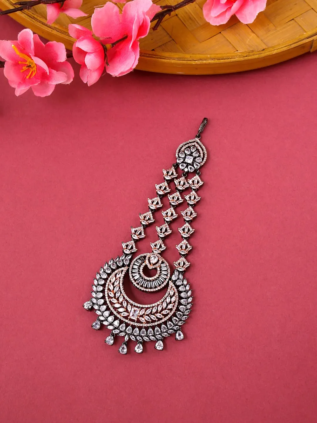 Yellow Chimes Maang Tikka for Women Beautiful AD/American Diamond Studded Rhodium Plated Crystal Maang Tikka for Women and Girls. (Design 16)