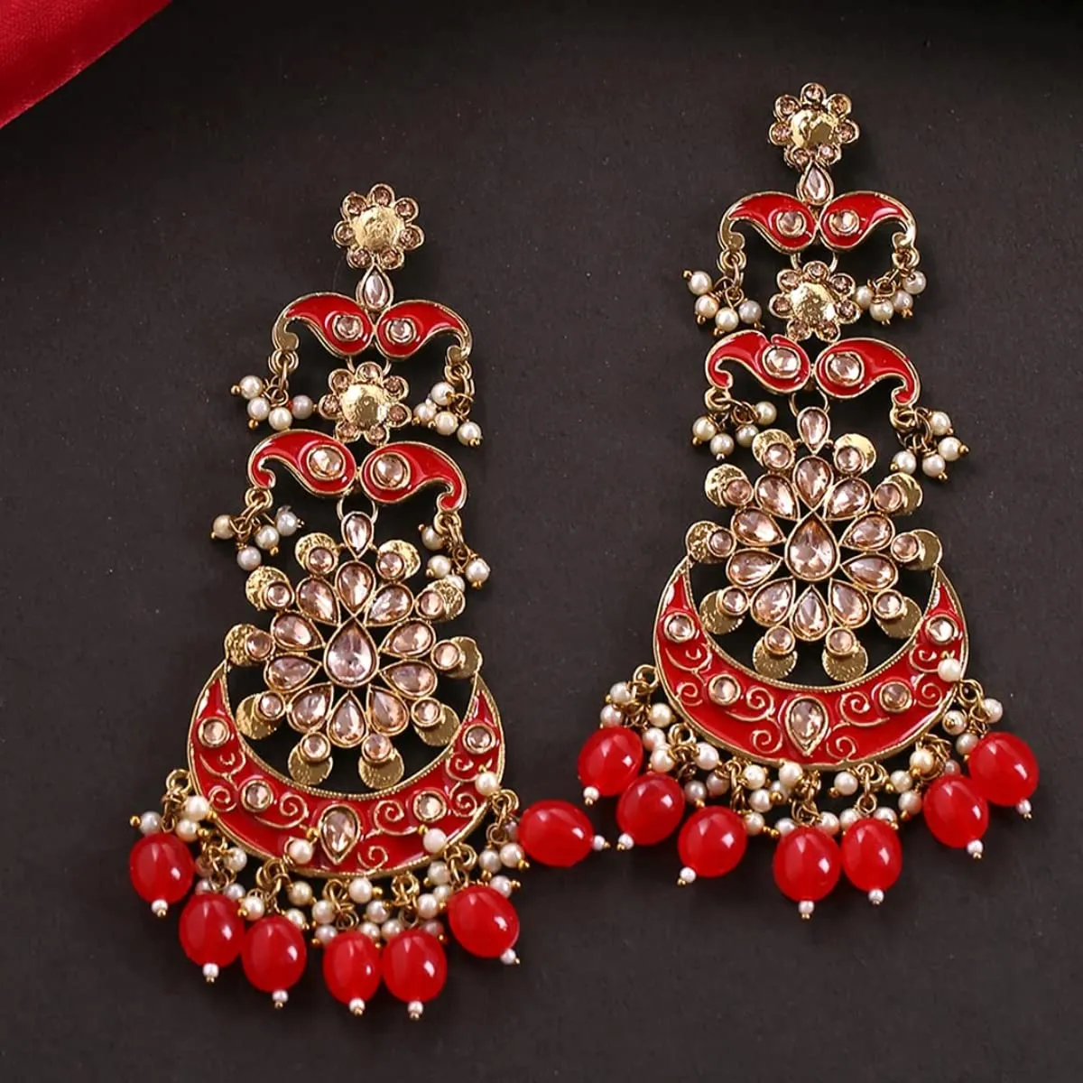 Yellow Chimes Meenakari Earrings for Women Ethnic Gold Plated Red Meenakari Traditional Kundan Floral Long Chandbali Earrings for Women and Girls