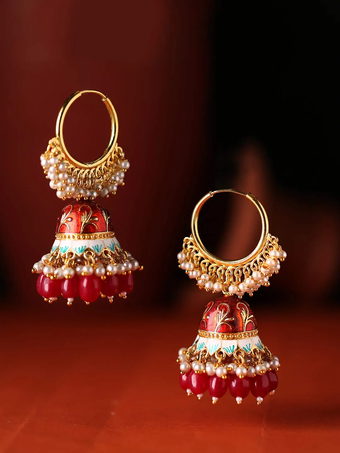 Yellow Chimes Meenakari Jhumka Earrings Handcrafted Gold toned Traditional Red Jhumka Hoop Earrings for Women and Girls (Red,Gold)