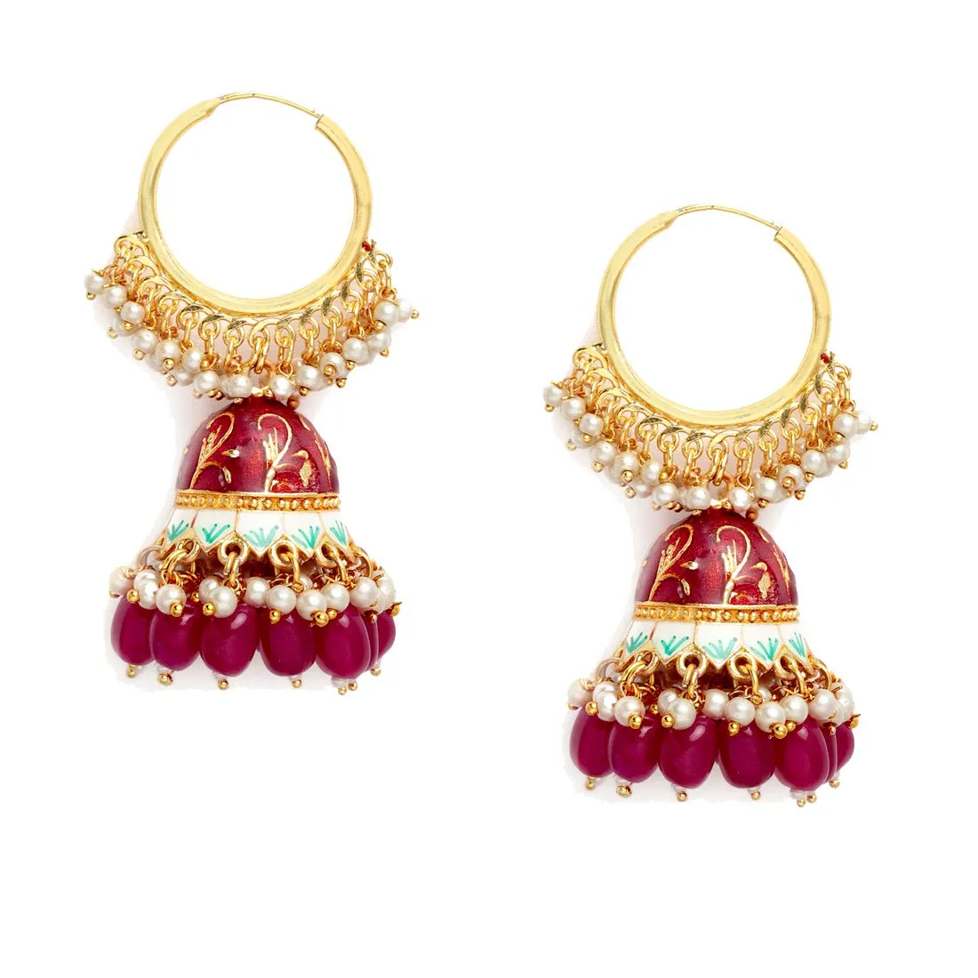 Yellow Chimes Meenakari Jhumka Earrings Handcrafted Gold toned Traditional Red Jhumka Hoop Earrings for Women and Girls (Red,Gold)