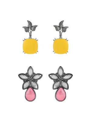 Yellow Chimes Multicolor Drop Earrings For Women | Combo of 2 Pairs Fashion Drop Earrings Set | Floral Shaped Oxidised Silver Earrings For Gifting | Birthday Gift for Girls Anniversary Gift for Women