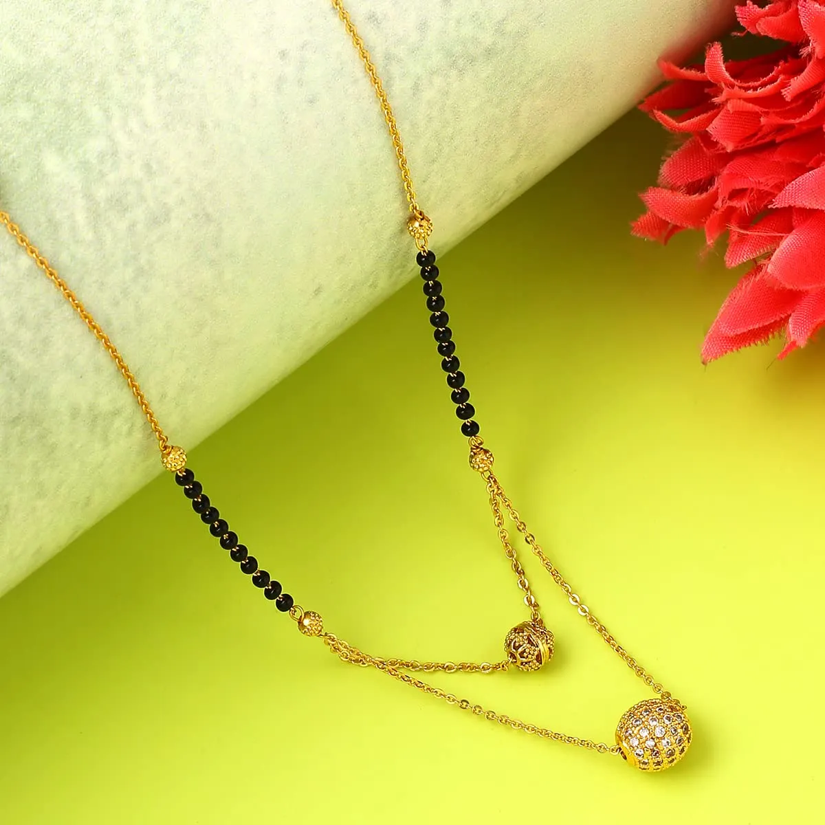 Yellow Chimes Nekclace for Women Gold Toned Crystal Studded Dual Ball Charm and Beads Chain Designed Necklace for Women and Girls