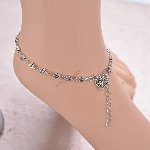 Yellow Chimes Oxidised Silver Anklets for Women Fashion Oxidized Silver Floral Single Anklet for Girls and Women