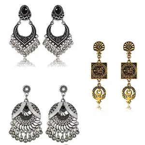 Yellow Chimes Oxidized Silver Combo 3 Pairs Unique Ganesha Design Traditional Chandbali Earrings For Women & Girls