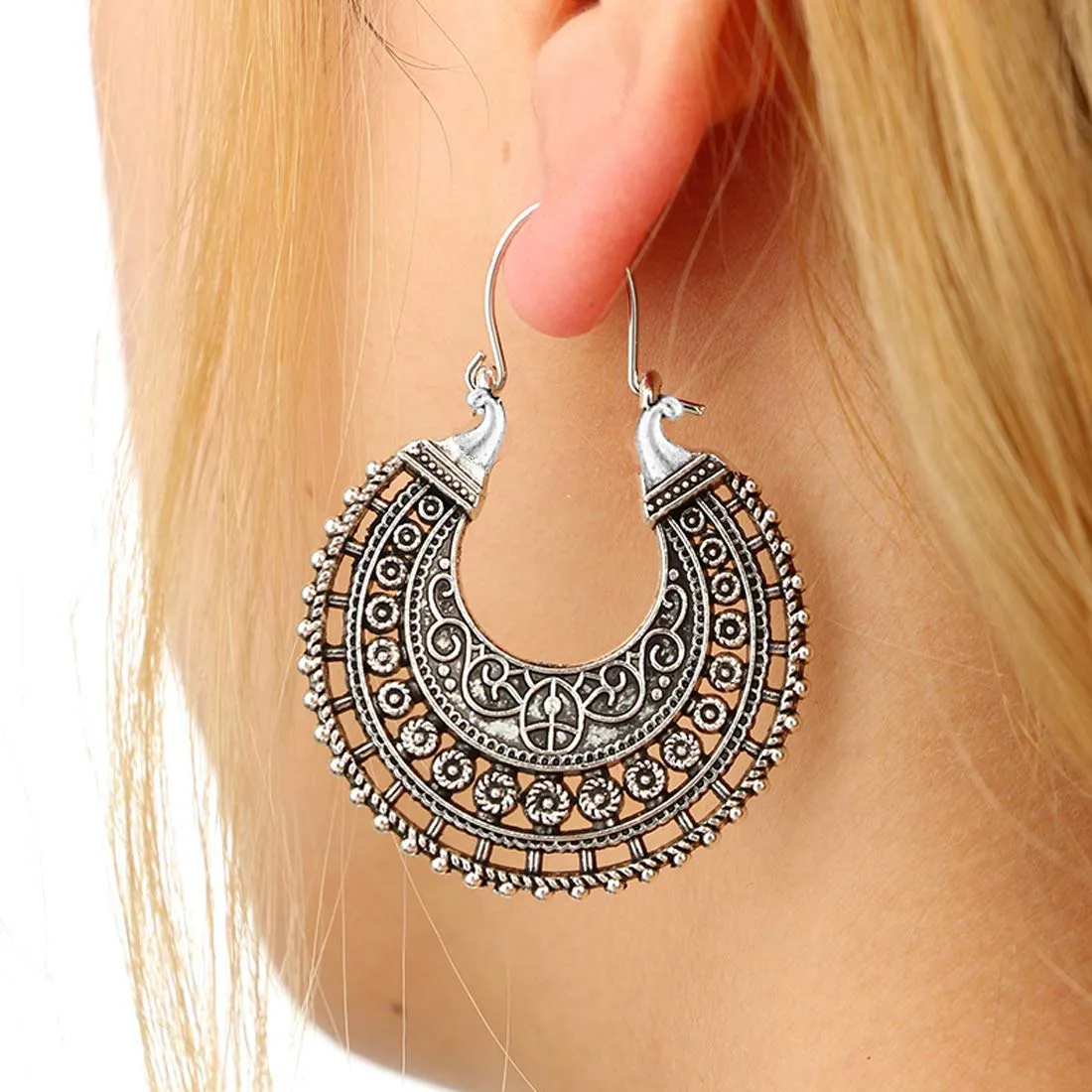 Yellow Chimes Peacock Carving Silver Chandbali Earring for Women & Girls