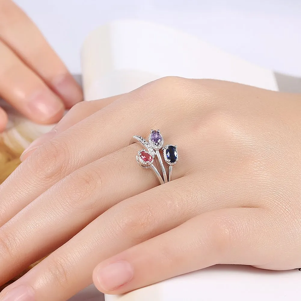 Yellow Chimes Rings for Women Silver Crystal Ring Three-Leaves Classic Design Platinum Plated Ring for Women and Girls.