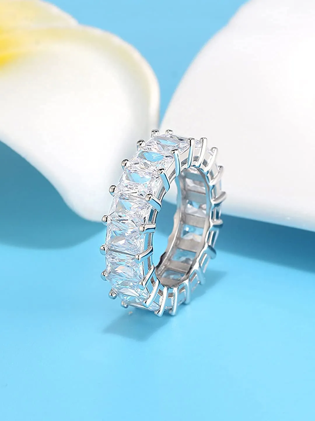 Yellow Chimes Rings for Women White Crystal Rings Silver Plated Eternity Crystal Band Rings for Women and Girls(Size US 8)