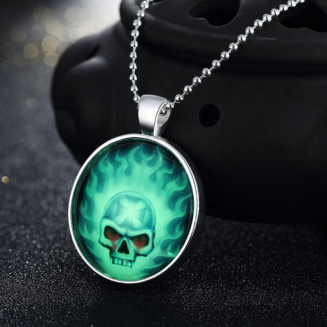 Yellow Chimes Skull On Fire Glow in Dark Silver Pendant for Men and Boys