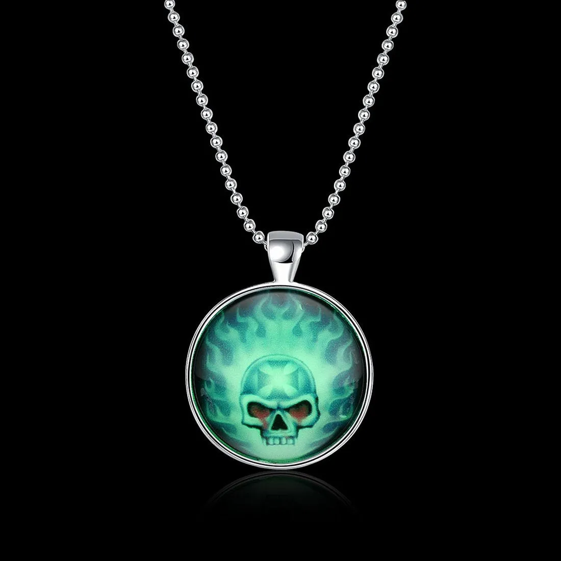 Yellow Chimes Skull On Fire Glow in Dark Silver Pendant for Men and Boys