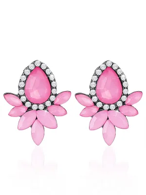 Yellow Chimes Sparkling Leafs Pink Shiny Flower Crystal Copper Stud Earrings for Women and Girls