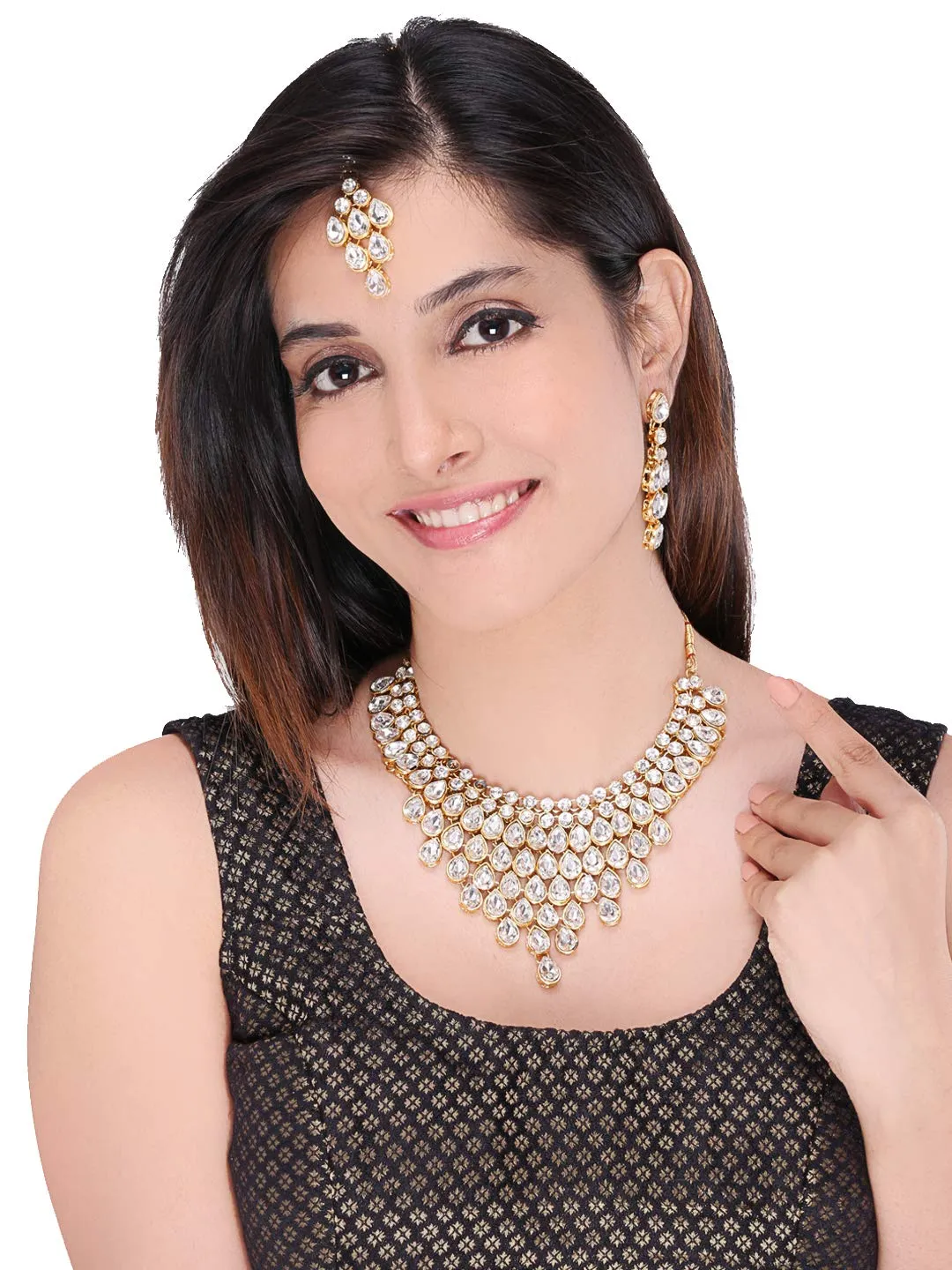 Yellow Chimes Stylish Dulhan Kundan Jewellery Set Gold Plated Traditional White Choker Necklace Set for Women & Girls