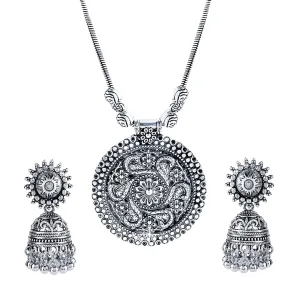 Yellow Chimes Stylish Floral Crafted Theme Silver Oxidized Necklace Set with Earrings Oxidized Jewellery Sets for Women and Girls