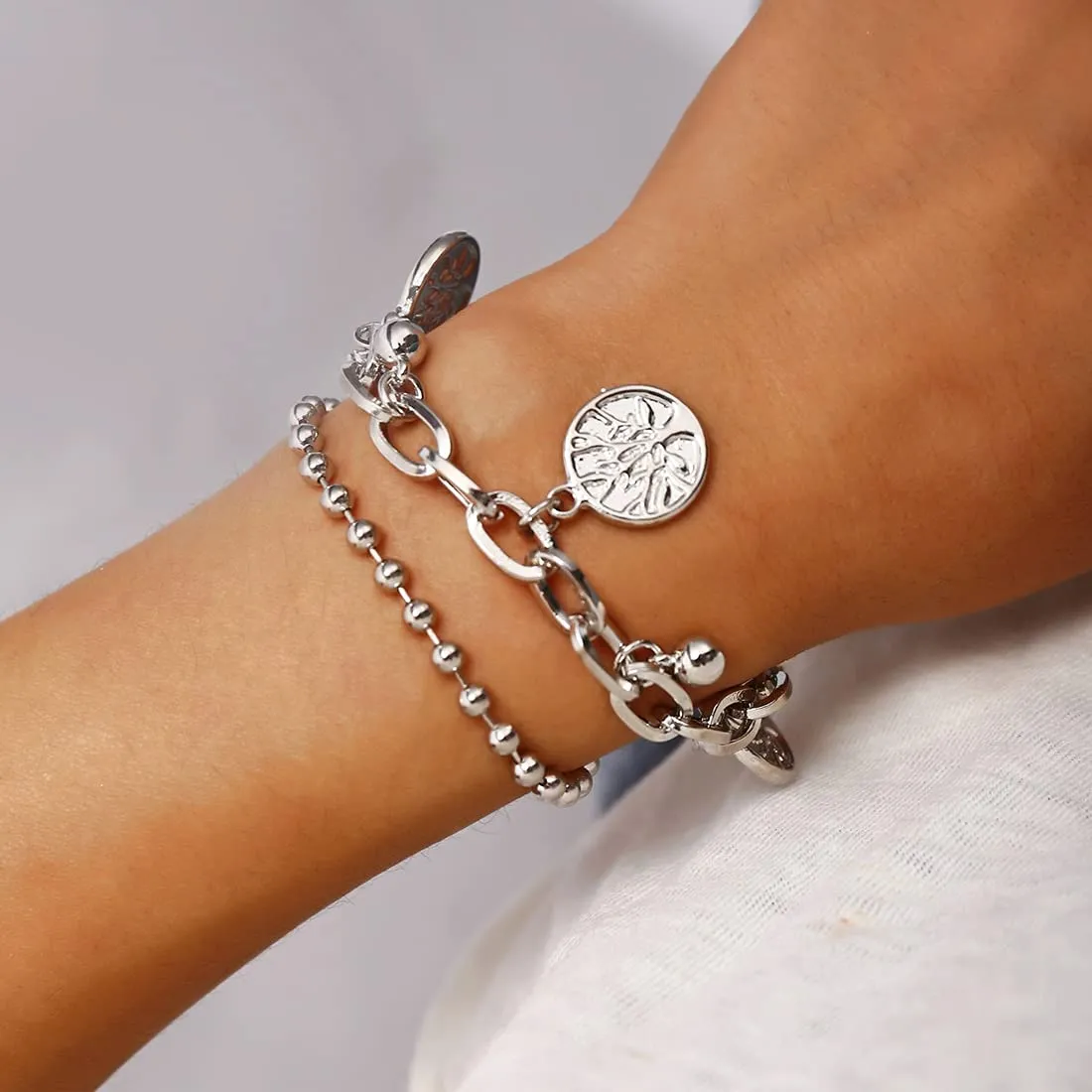 Yellow Chimes Stylish Silver Plated Coin Design Chain Beads Adjustable Bracelet for Women and Girls, Medium