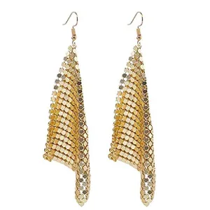 Yellow Chimes Tassel Earrings for Women Metallic Mesh Grid Sequins Golden Tassel Long Drop Earrings Women and Girls.