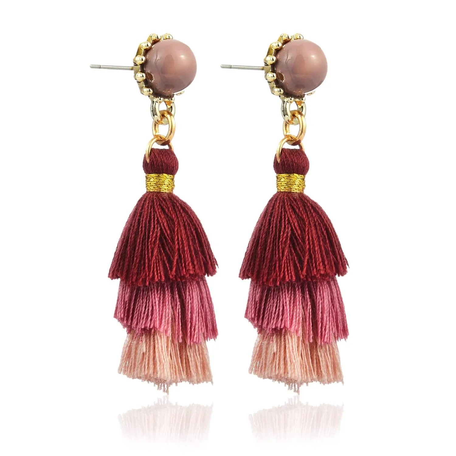 Yellow Chimes Three Layered Pink Tassel Earring for Women & Girls