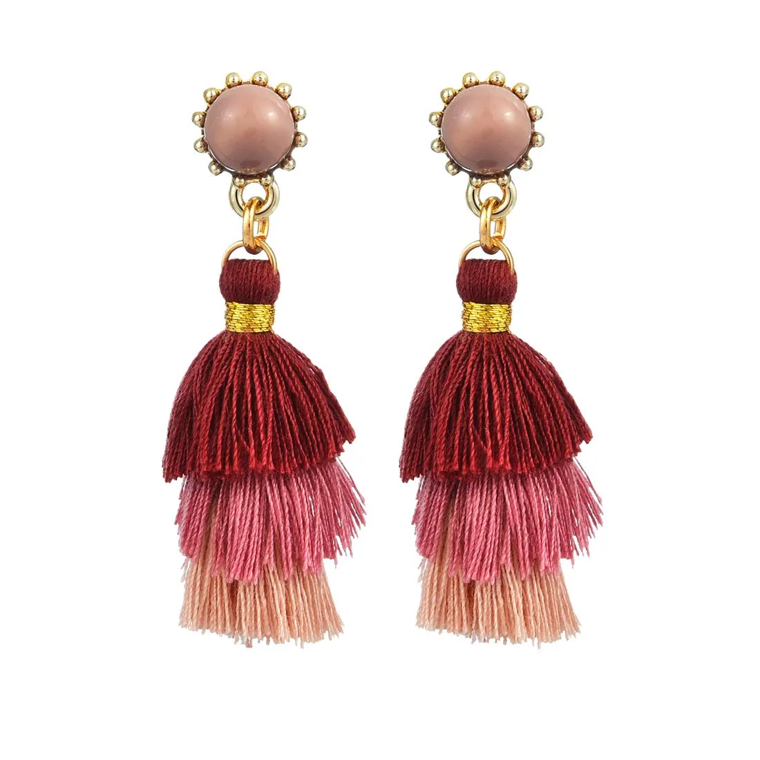 Yellow Chimes Three Layered Pink Tassel Earring for Women & Girls