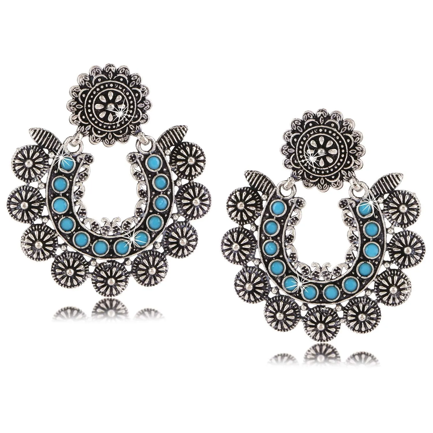 Yellow Chimes Turquoise Touch German Oxidised Silver Traditional Chand Bali Earrings for Women and Girls