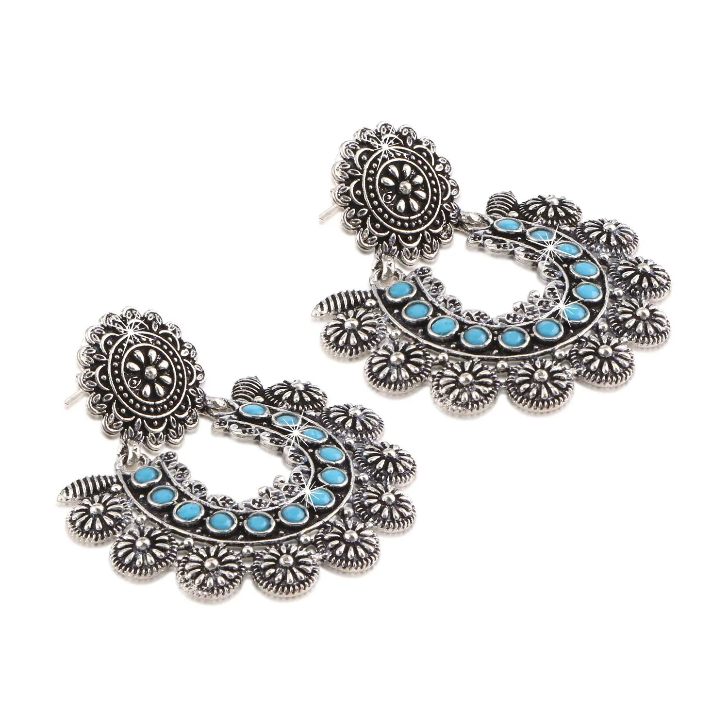 Yellow Chimes Turquoise Touch German Oxidised Silver Traditional Chand Bali Earrings for Women and Girls