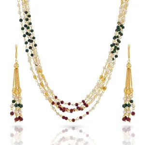 Yellow Chimes White Pearl Multi-Layer Gold Plated Traditional Long Chain Necklace Set with Earrings Jewellery Set for Women and Girls (Multi color)