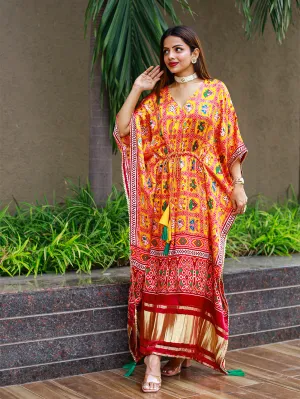 Yellow Color Bandhej Digital Print Pure Gaji Silk Kaftan