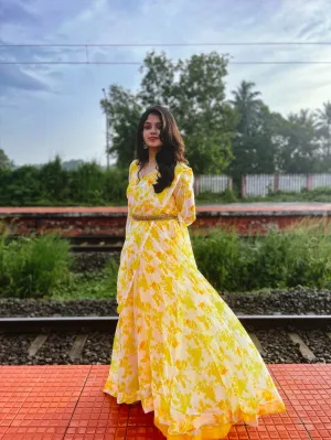 Yellow Color Digital Printed Georgette Gown