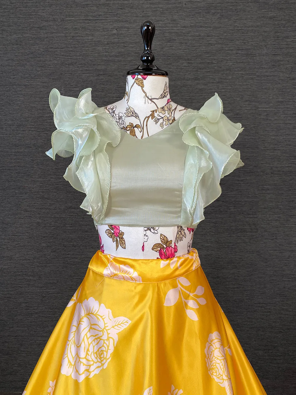 Yellow Color Heavy Dull Satin Floral Digital Printed Lehenga With Pista Color Varisa Silk Choli