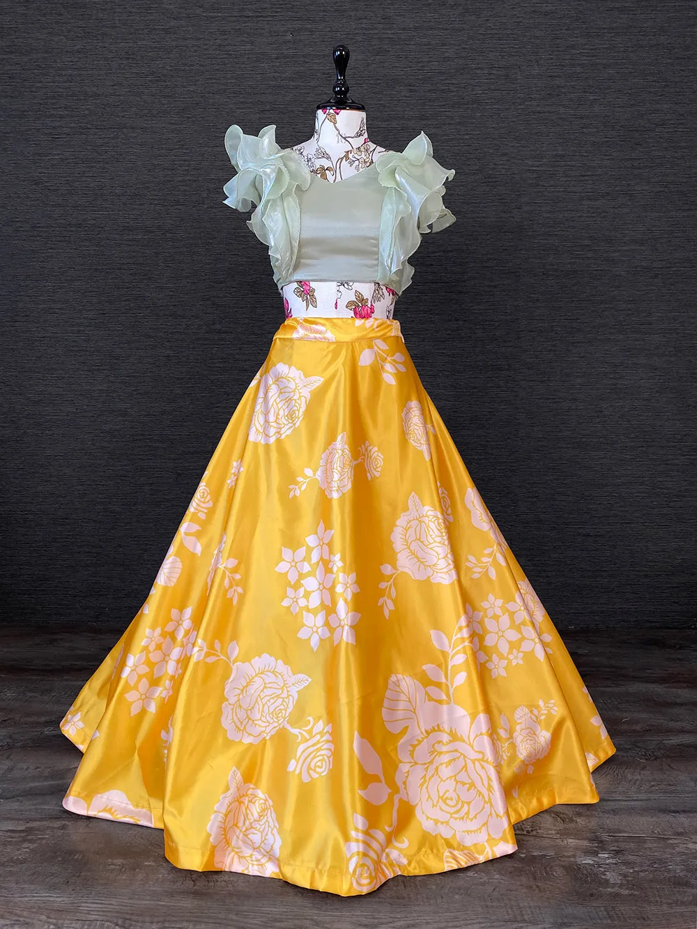 Yellow Color Heavy Dull Satin Floral Digital Printed Lehenga With Pista Color Varisa Silk Choli