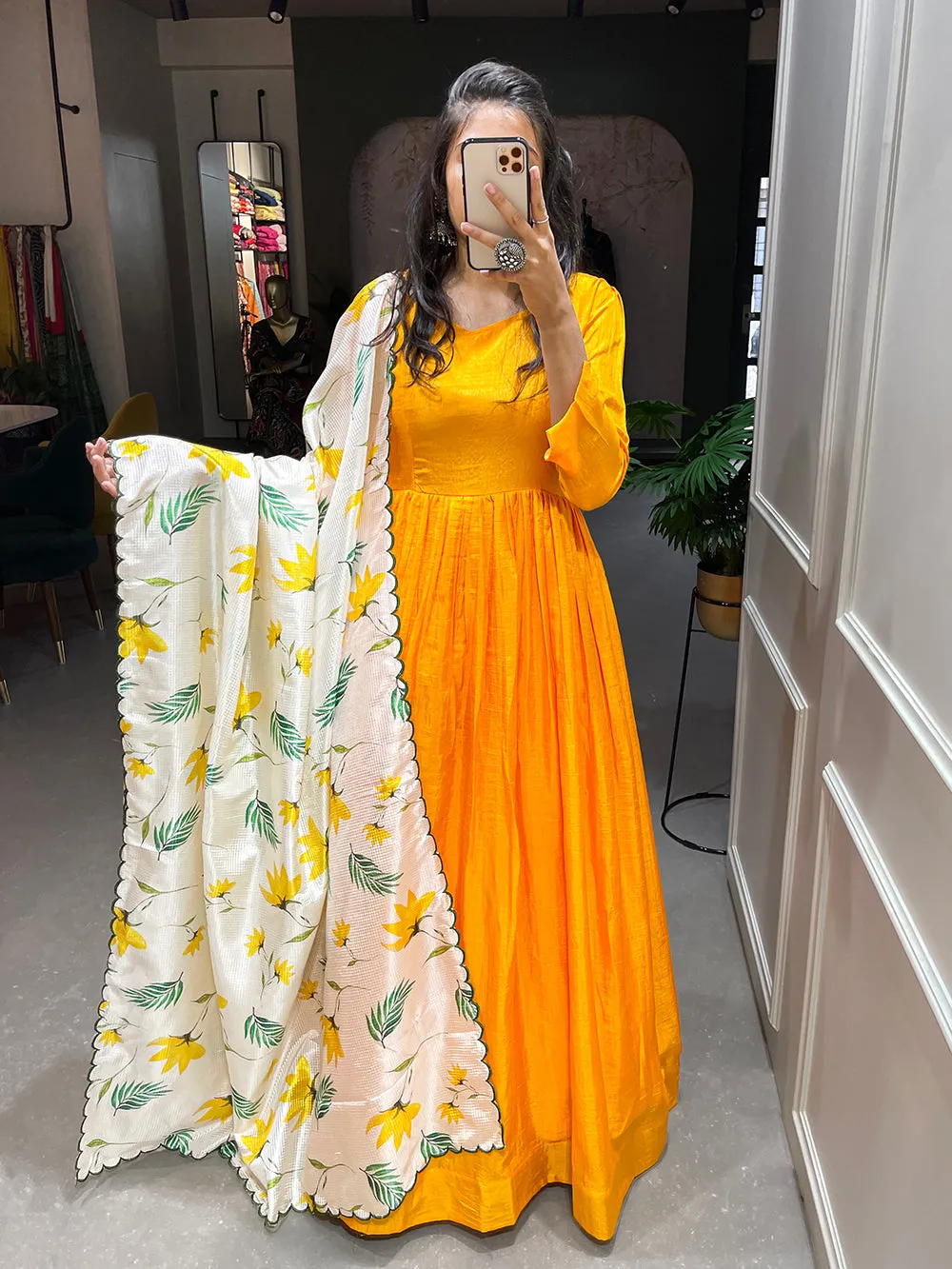 Yellow Color Plain Dola Silk Gown