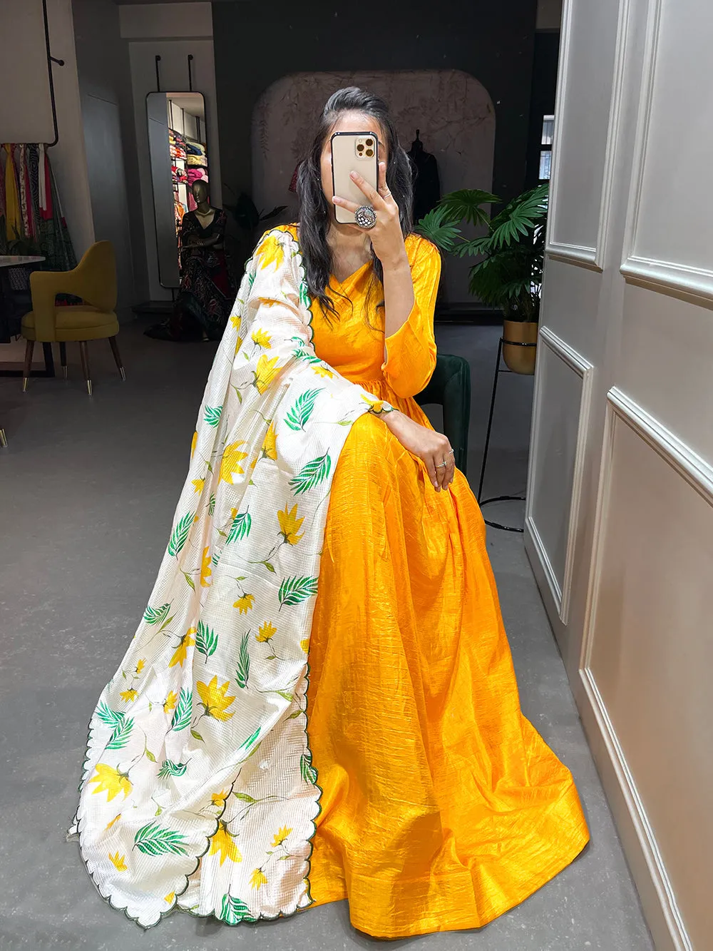 Yellow Color Plain Dola Silk Gown