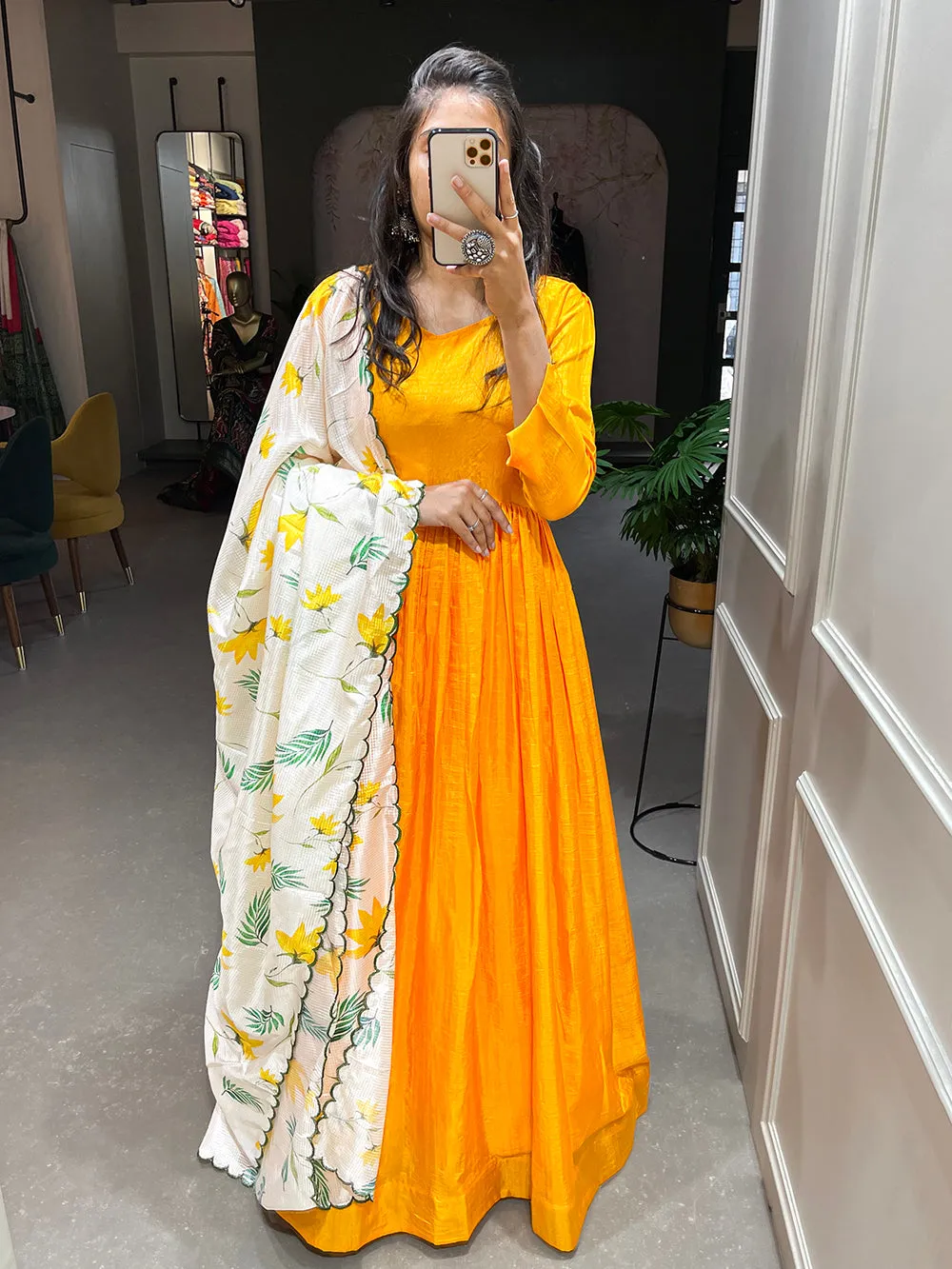 Yellow Color Plain Dola Silk Gown