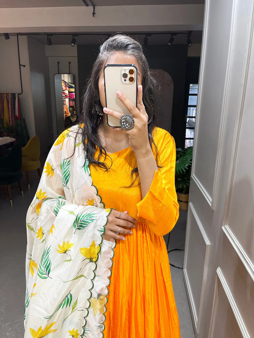 Yellow Color Plain Dola Silk Gown