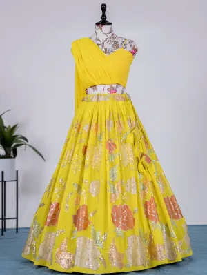 Yellow Color Sequins And Thread Embroidery Work Georgette Lehenga Choli