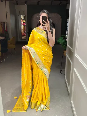 Yellow Color Zari Weaving Work Pure Viscose Saree