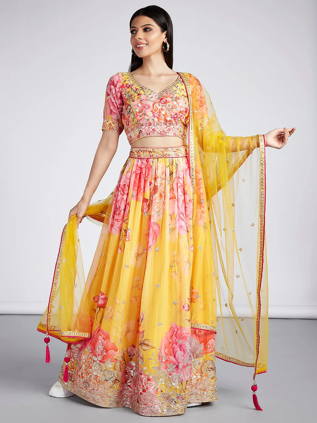 Yellow colour Organza Floral design digital print Semi-Stitched Lehenga choli & Dupatta