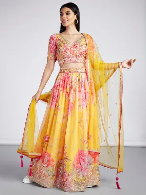 Yellow colour Organza Floral design digital print Semi-Stitched Lehenga choli & Dupatta