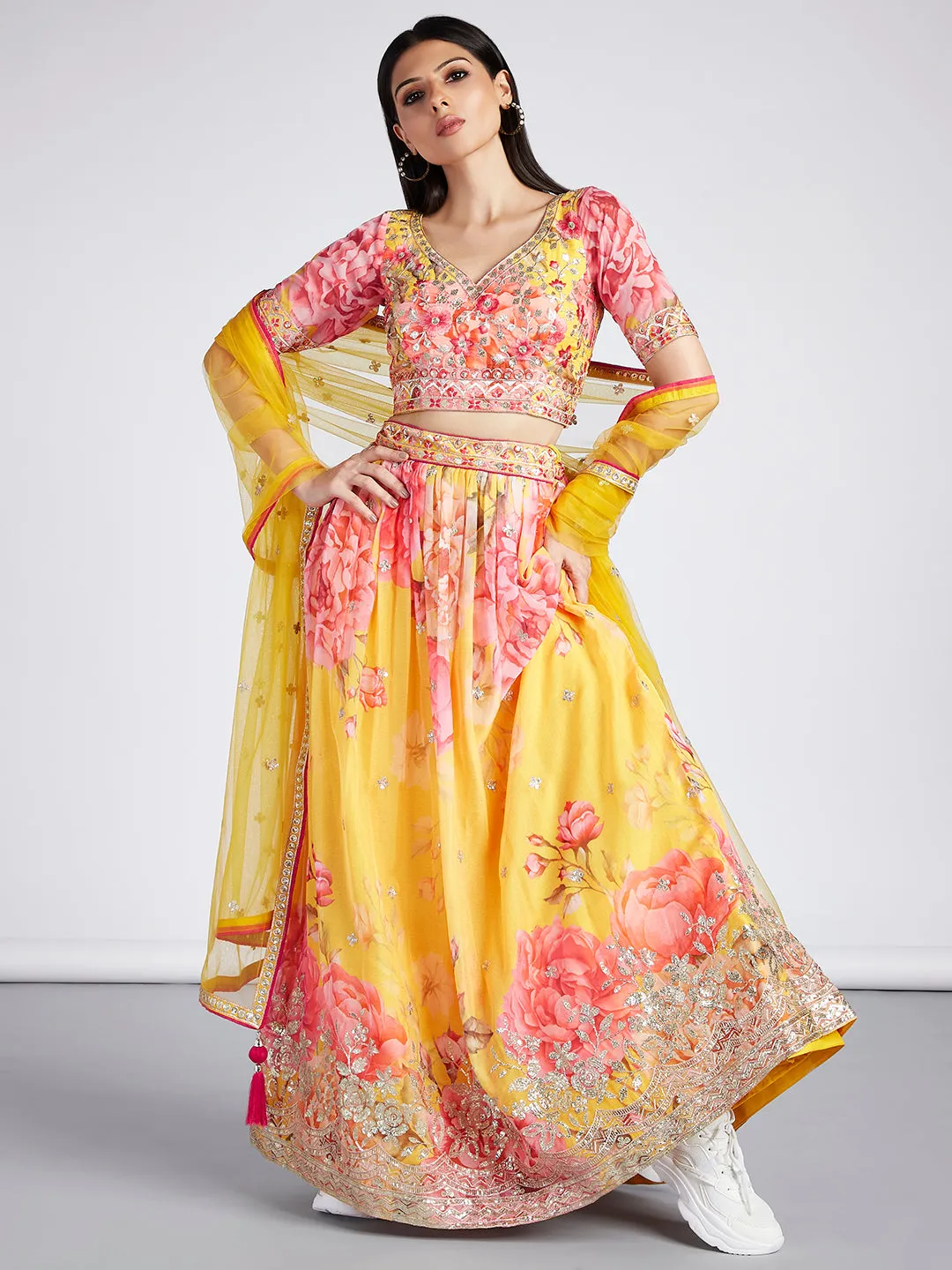 Yellow colour Organza Floral design digital print Semi-Stitched Lehenga choli & Dupatta